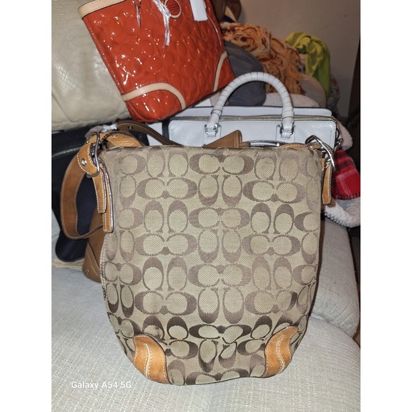 Coach Handbags - 47. Coach Signature C Jacquard Canvas Leather Shoulder Bag Brown Khaki vintage
